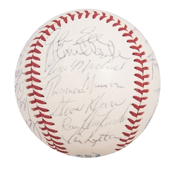 1970s New York Yankees Team Signed Cronin OAL Baseball with (28) Signatures Including Thurman Munson - Overall High Grade Baseball and Signatures (JSA)